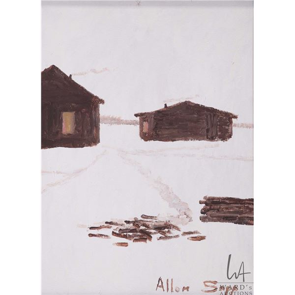 Allen Sapp, framed acrylic on canvas painting, finishing chopping wood, 12" X 9"