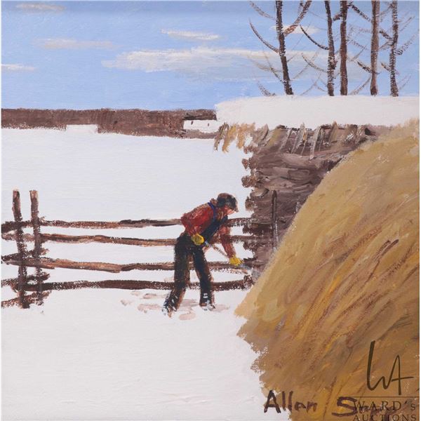 Allen Sapp, framed acrylic on canvas painting, titled on verso " Going to Feed Horses in Barn", 10" 