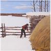 Image 1 : Allen Sapp, framed acrylic on canvas painting, titled on verso " Going to Feed Horses in Barn", 10" 
