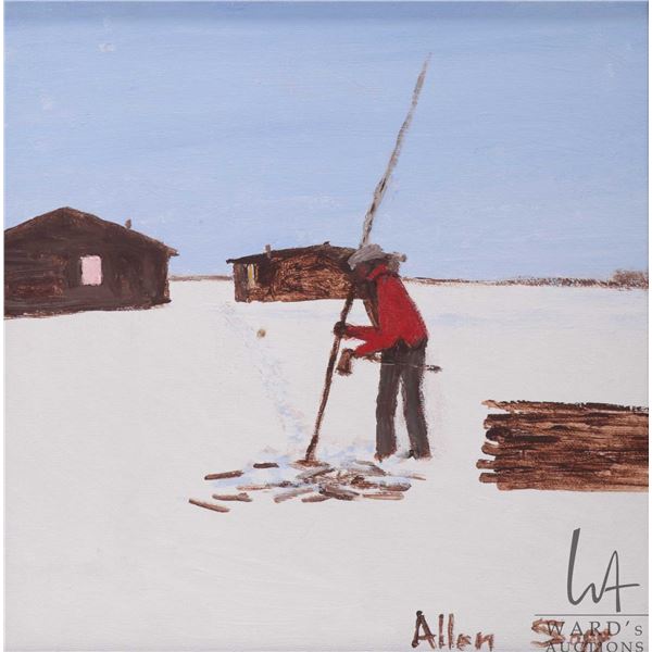 Allen Sapp, framed acrylic on canvas painting, cutting firewood, 10" X 10"