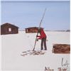 Image 1 : Allen Sapp, framed acrylic on canvas painting, cutting firewood, 10" X 10"
