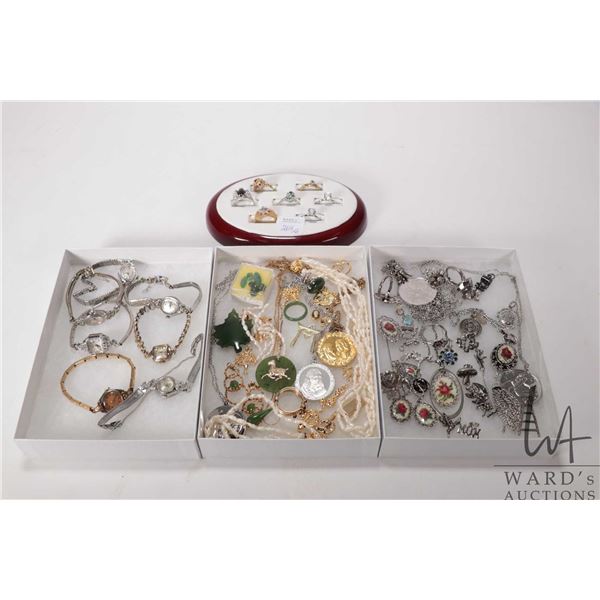 Selection of vintage and collectible jewellery including Jade, antique cocktail watches, pendants, n