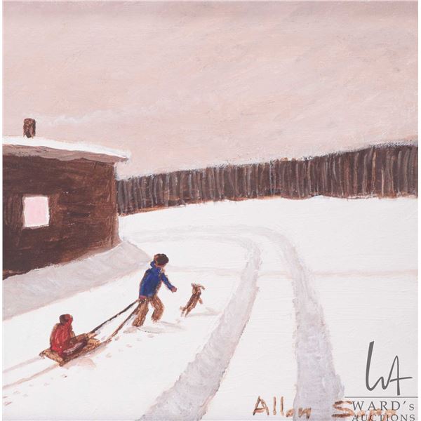 Allen Sapp, framed acrylic on canvas painting, pulling buddy on a sled, 10" X 10"