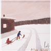 Image 1 : Allen Sapp, framed acrylic on canvas painting, pulling buddy on a sled, 10" X 10"