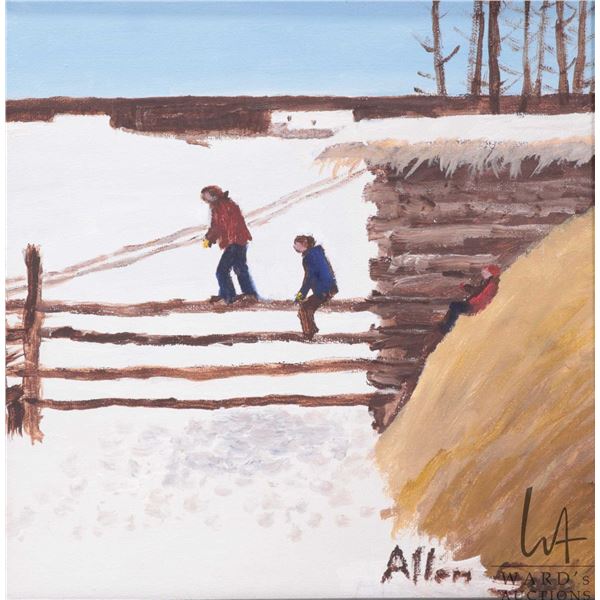 Allen Sapp, framed acrylic on canvas painting, titled on verso "Me, Simon & Stella Playing on Haysta
