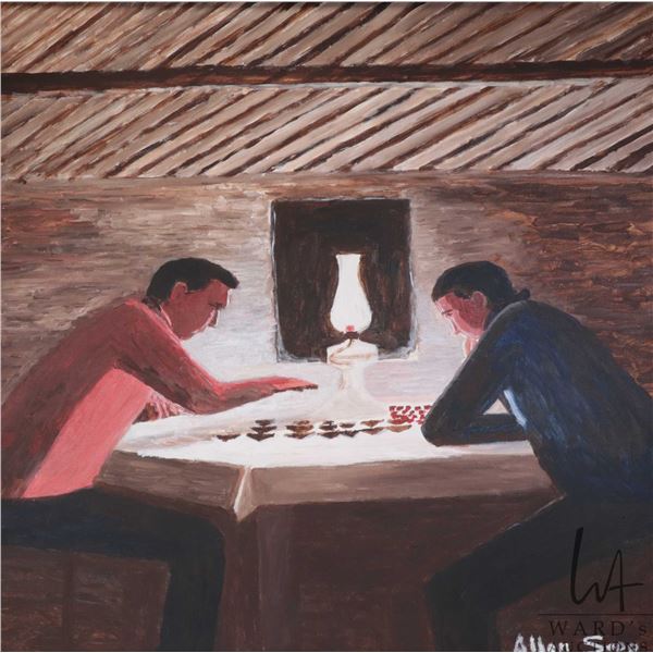 Allen Sapp, framed acrylic on canvas painting, playing checkers in the evening, 24" X 24"