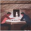 Image 1 : Allen Sapp, framed acrylic on canvas painting, playing checkers in the evening, 24" X 24"