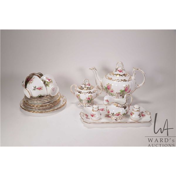 Royal Chelsea tea set including teapot, cream and lidded sugar, set of shakers, sandwich plate, four