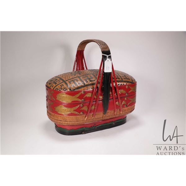 Vintage woven Chinese basket with red and black laquer and fish motif decoration, 15" L X 10 1/2" X 