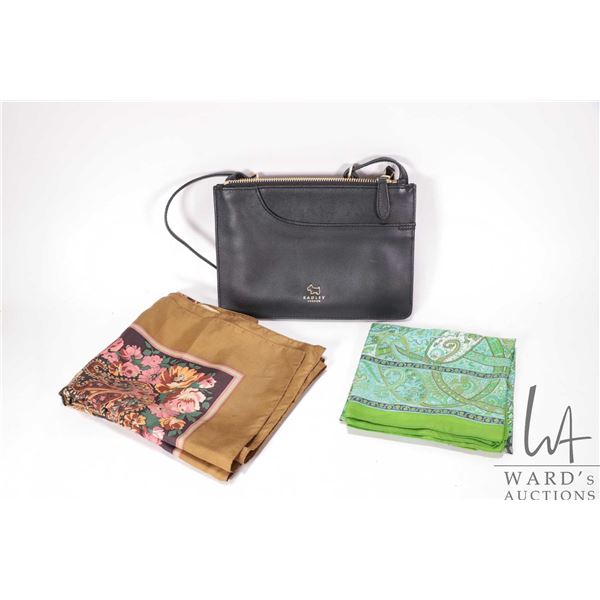 Two Liberty of London ladies scarves and a Radley London cross-body leather purse. All appear in goo