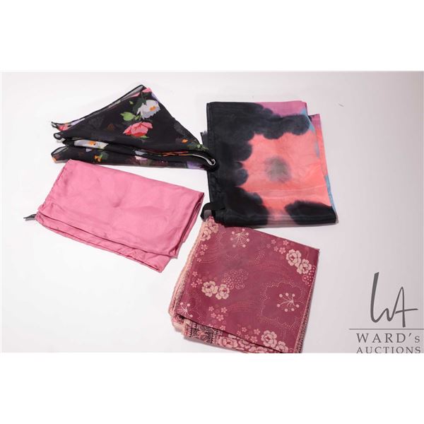 Four ladies scarves including hand painted silk Remoy d' Urville, pink silk scarf with hand rolled e