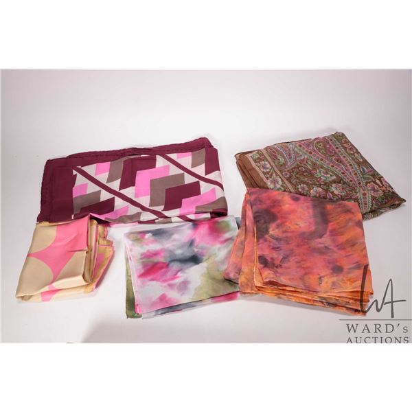 Five ladies scarves including Patrica Dumont Jeau d' Orly etc. All appear in good shape but some mig