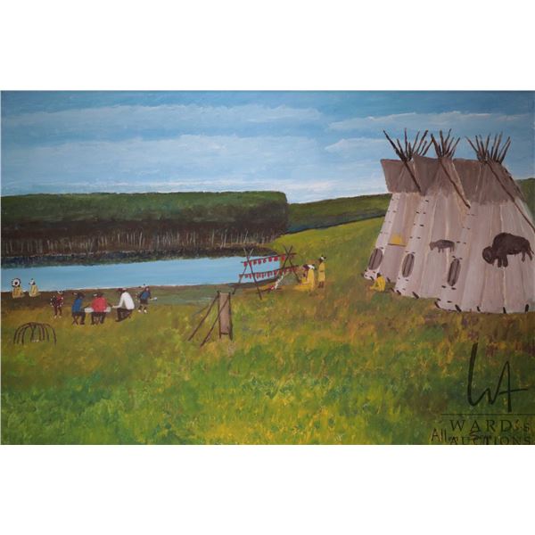 Allen Sapp, framed acrylic on canvas painting, Smoking Fish at the Lake, 24" X 36"