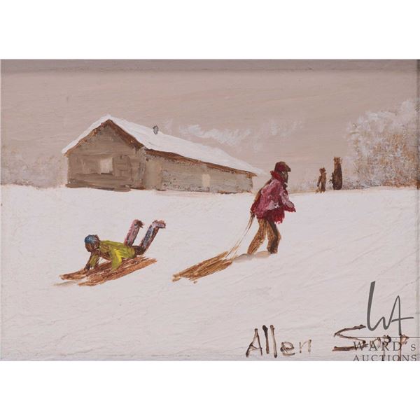 Allen Sapp, early framed acrylic on canvas painting, boys sledding, numbered on verso "X398", 5" X 7