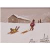 Image 1 : Allen Sapp, early framed acrylic on canvas painting, boys sledding, numbered on verso "X398", 5" X 7