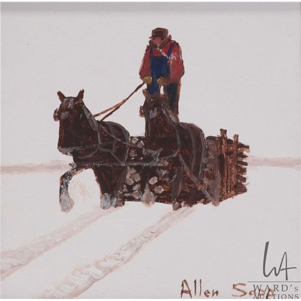 Allen Sapp, framed acrylic on canvas painting hauling a load of wood, 10" X 10"