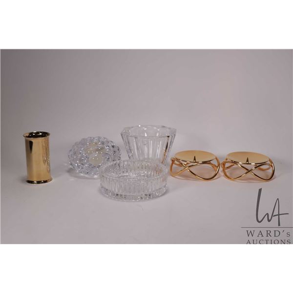 Tray lot of collectibles including Orrefors votive holders, Waterford wine slide and two Georg Jense