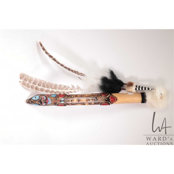 Frank Siscao, Niagra Glen, hand carved Haida wooden staff with decorative fur and feathers, 22" in l