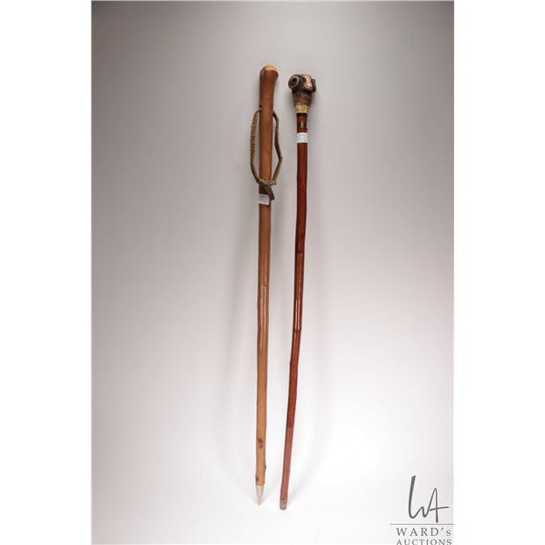 Two wooden walking sticks including rams head, each approximately 37" in length