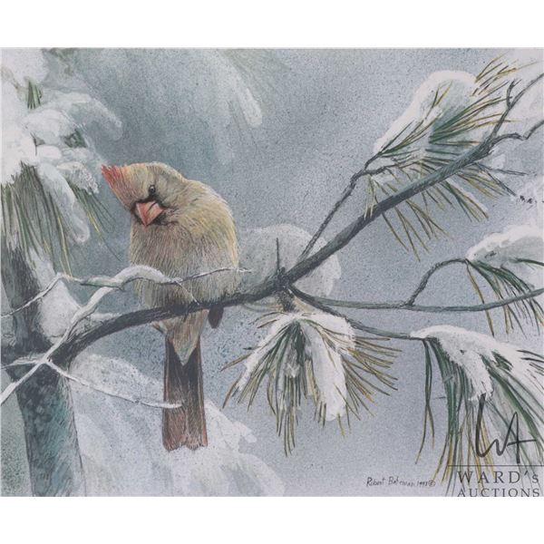 Robert Bateman, framed limited edition print titled "Female Cardinal", pencil signed by artist, 1084