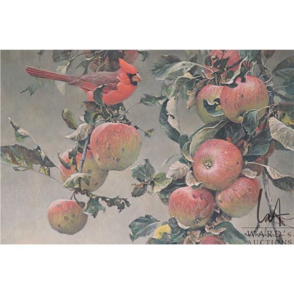 Robert Batman, framed limited edition print titled " Cardinal and Wild Apples", pencil signed by art