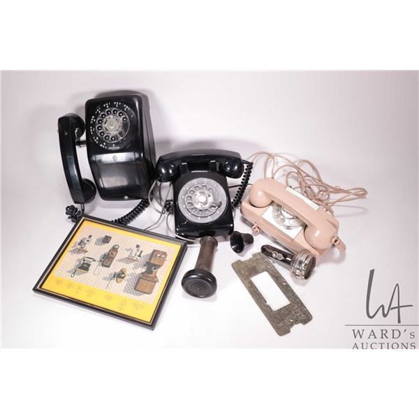 3 Vintage rotary phones including 2 desk type and a wall mount plus a picture of vintages phones and