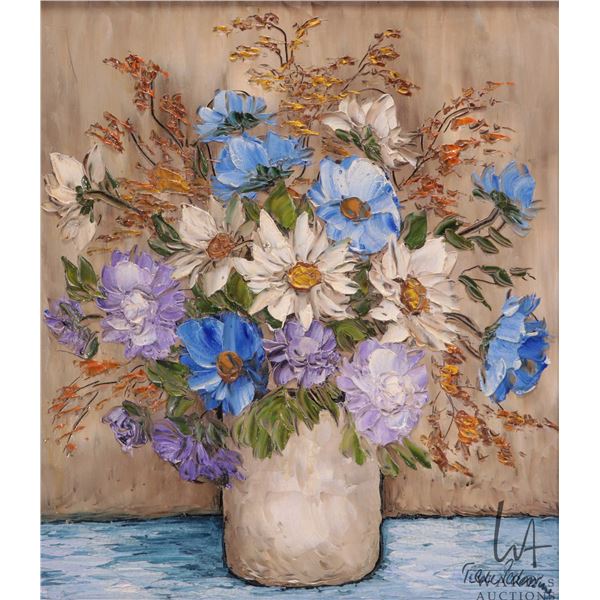 Tilde Pedersen, framed oil on massonite still-life floral painting, signed by artist, 15" X 13 1/4"