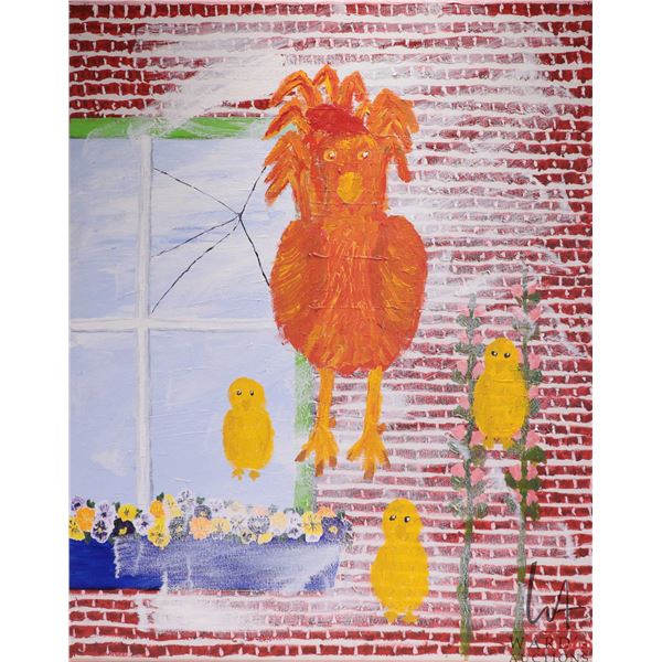 Acrylic on canvas folkart painting of a rooster and chicks, no artist signature seen, 30" X 24"