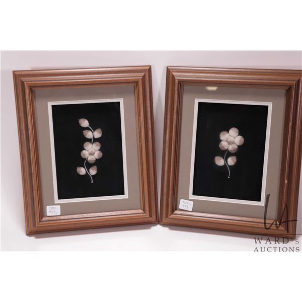 Two hand made and framed moose tuftings, each 12" X 10" overall dimensions including frames