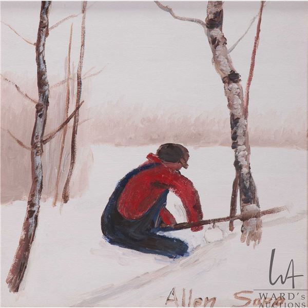 Allen Sapp, framed acrylic on canvas painting, cutting down birch tree, 10" X 10"