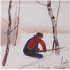 Image 1 : Allen Sapp, framed acrylic on canvas painting, cutting down birch tree, 10" X 10"