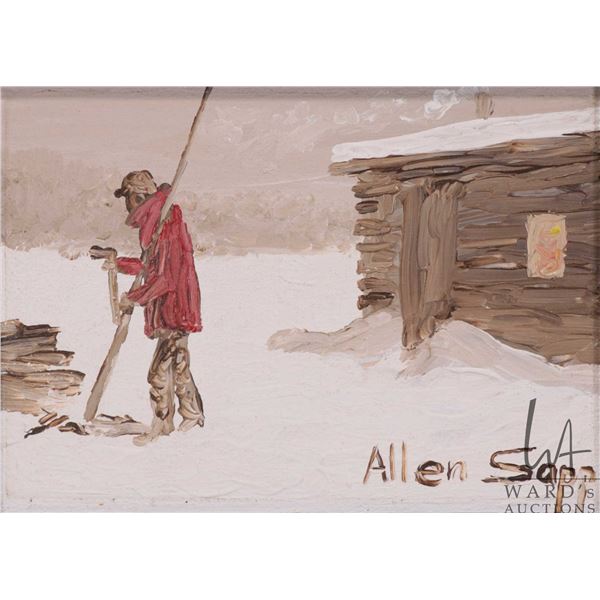 Allen Sapp, early framed acrylic on canvas painting, chopping wood, numbered on verso "X400", 5" X 7