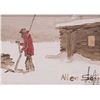 Image 1 : Allen Sapp, early framed acrylic on canvas painting, chopping wood, numbered on verso "X400", 5" X 7