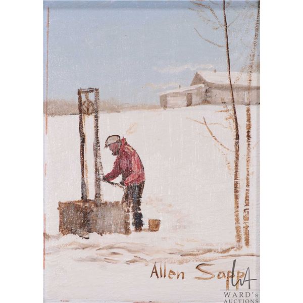 Allen Sapp, early framed acrylic on canvas painting, getting water from well, numbered on verso "X36
