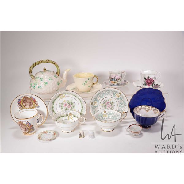 Tray lot of collectibles including green mark Belleek shamrock teapot and cups and saucer plus Royal