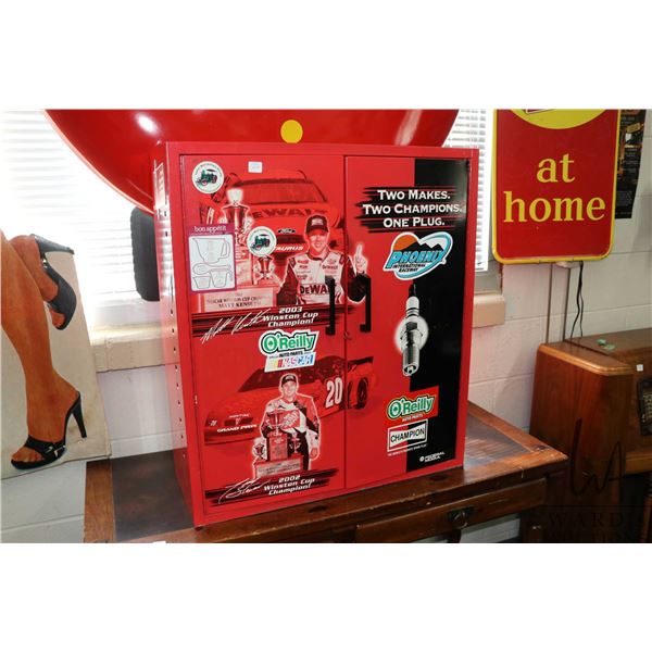 Red metal hanging two shelf garage cabinet marked "2003 Winston Cup Champions", 30" H X 26 " W X 10"