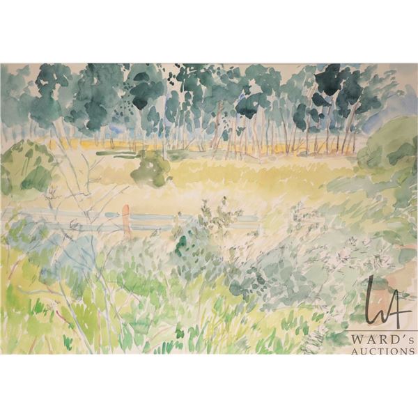 Rebecca Perehudoff, original watercolour painting, labeled on verso " August Pasture Near Emma Lake"