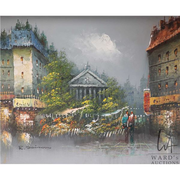 R. Saimons, framed oil on canvas painting of a Parisian street scene, 20 1/2" X 24"