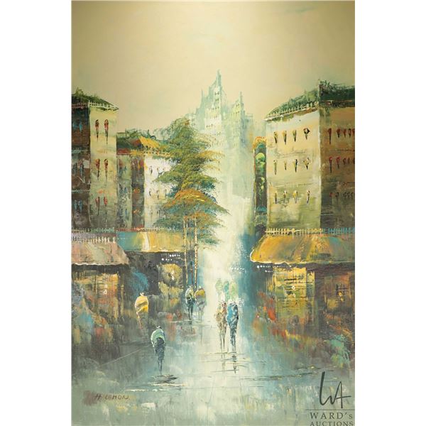 H. Lemon, framed oil on canvas Impressionist style painting of a Parisian street scene, 36" X 23 1/2