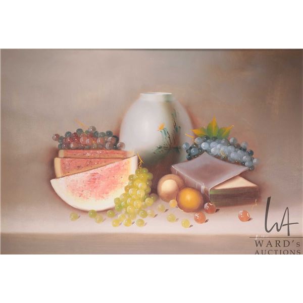 Artist signed oil on canvas stil-life painting of a small tablescape, 24" X 36"