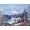 Image 1 : Tok Hwang, framed limited edition print of a Alaska Mountain river and cabin scene, silver pen signe