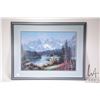Image 2 : Tok Hwang, framed limited edition print of a Alaska Mountain river and cabin scene, silver pen signe