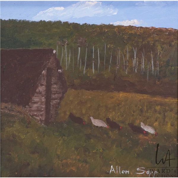 Allen Sapp, framed acrylic on canvas painting, titled on verso " Chicken Eating After", 10" X 10"