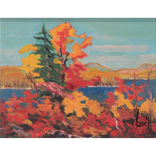Secombe, framed acrylic on board painting of a stylized autumnal scene, artist signed 7 3/4" X 9 1/2