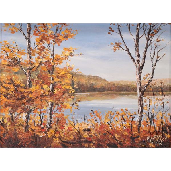 Marla Wilson, framed acrylic on board painting of an autumn lake scene, signed and dated by artist '