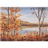 Image 1 : Marla Wilson, framed acrylic on board painting of an autumn lake scene, signed and dated by artist '
