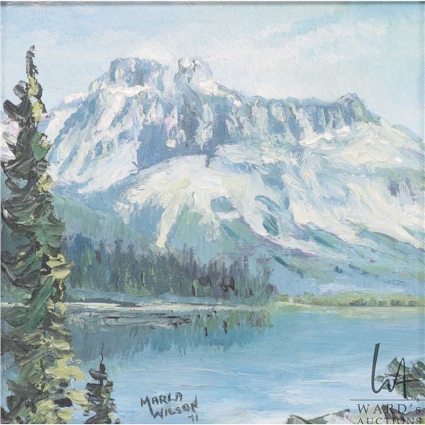 Marla Wilson, framed acrylic on board mountainscape, signed by artist and dated '71, 4" X 4"