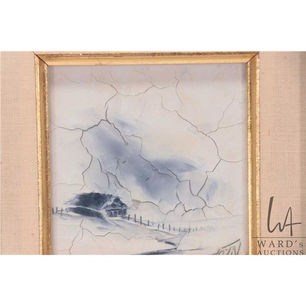 Chase Fain, crackled oil on board painting of a barn and fence line, signed by artist, 3 1/2" X 3 1/