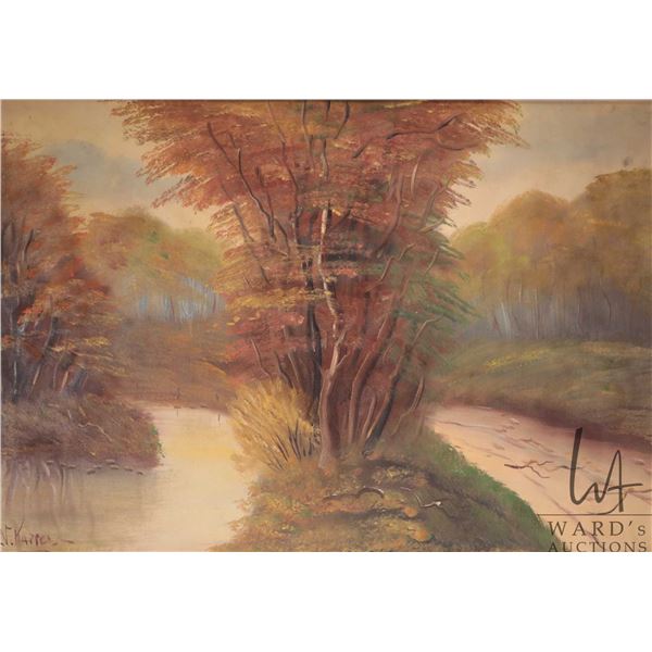 N. Kappel (?), acrylic on massonite painting of a autumn trees with stream, 25 1/4" X 36"
