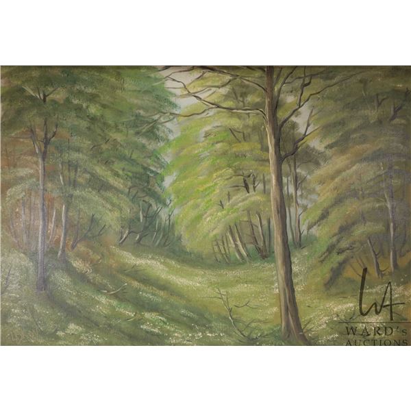 Unidentified artist, framed acrylic on massonite painting of a ravine in green, artist signed, 37" X